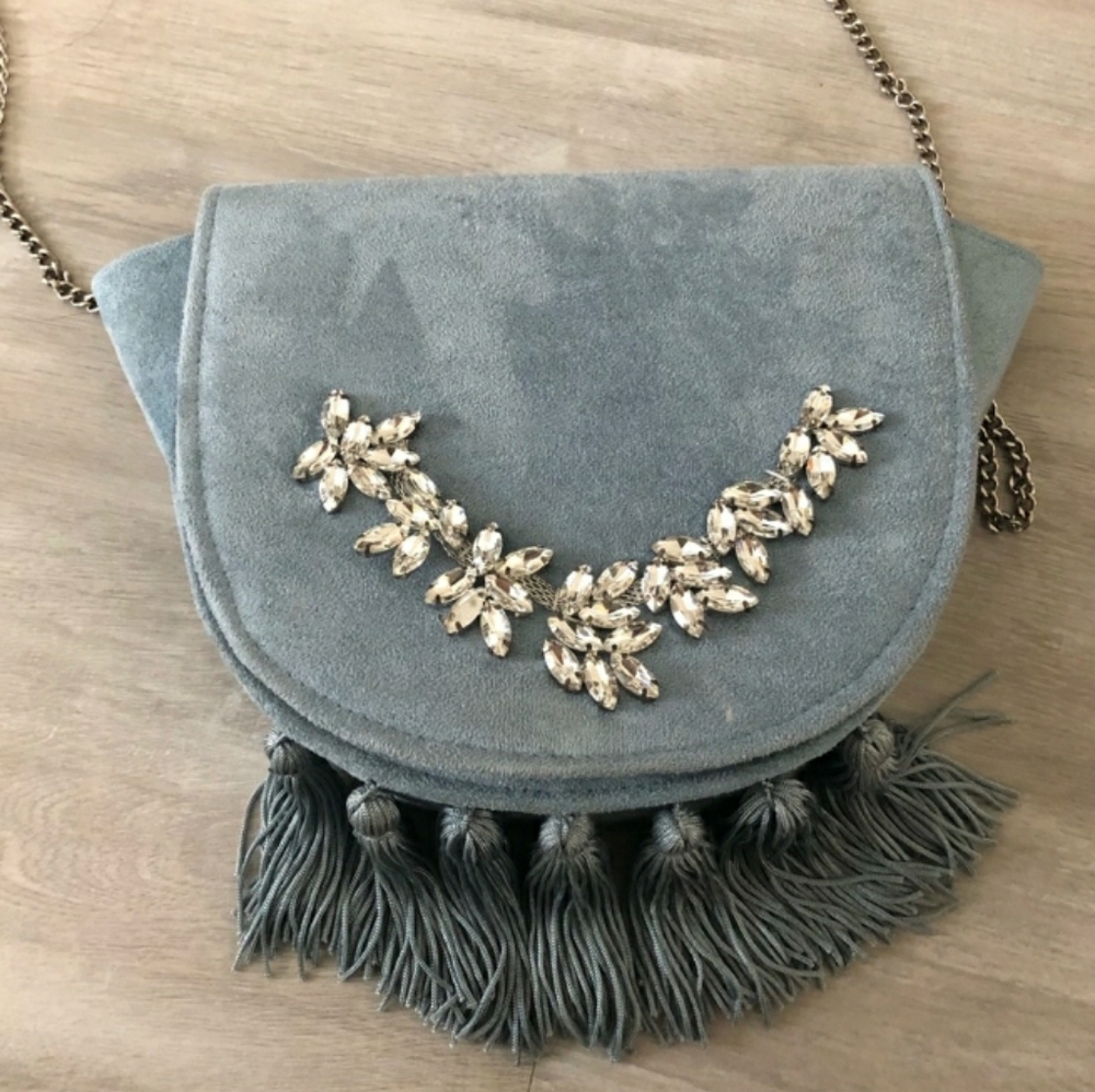 Missguided blue velvet finge bag